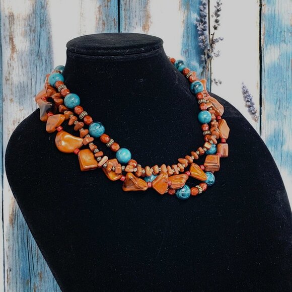 EsMor Vintage Triple Strand Bold Brown & Blue Beaded Princess Necklace 20"L - Picture 2 of 5